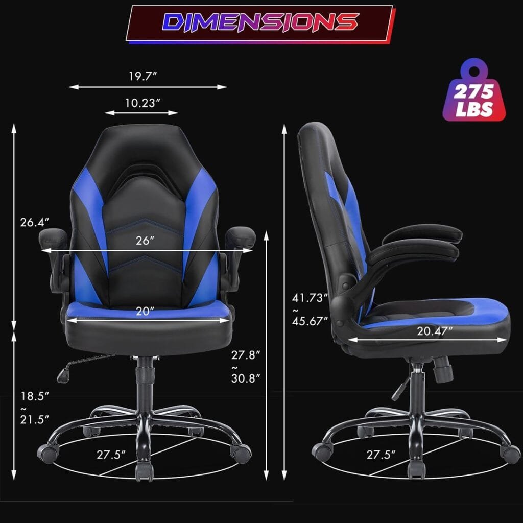 Gaming Chair, Ergonomic Office Chair High Back Computer Chair with PU Leather and Flip-up Armrest, Executive Ergonomic Adjustable Swivel Task Chair - Blue