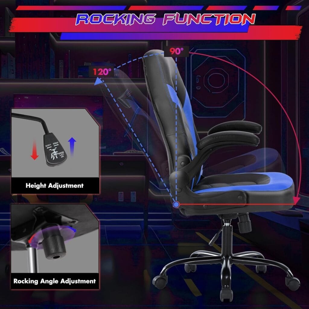 Gaming Chair, Ergonomic Office Chair High Back Computer Chair with PU Leather and Flip-up Armrest, Executive Ergonomic Adjustable Swivel Task Chair - Blue