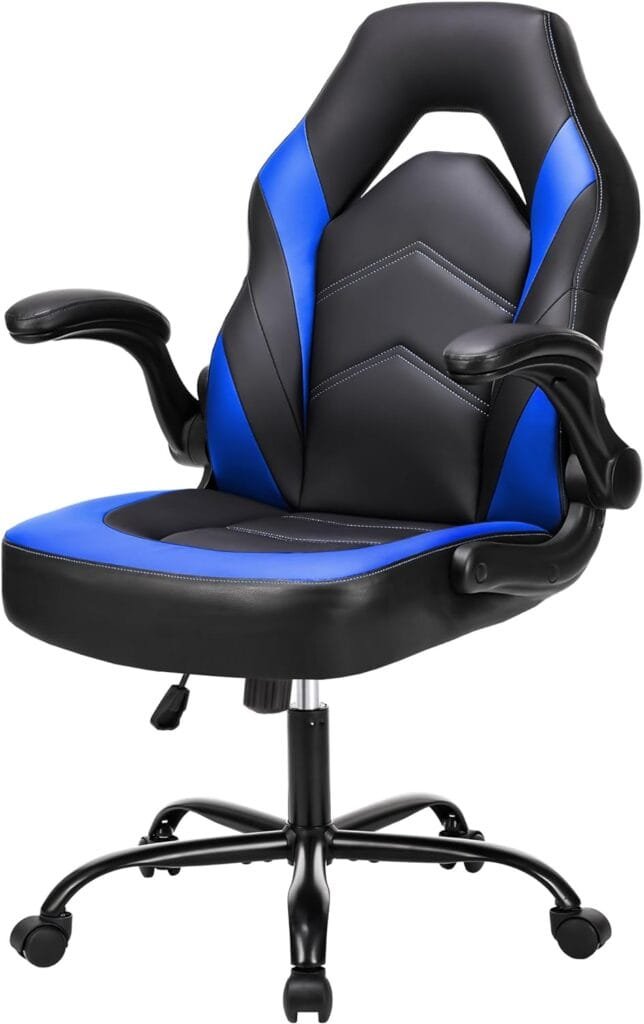 Gaming Chair, Ergonomic Office Chair High Back Computer Chair with PU Leather and Flip-up Armrest, Executive Ergonomic Adjustable Swivel Task Chair - Blue