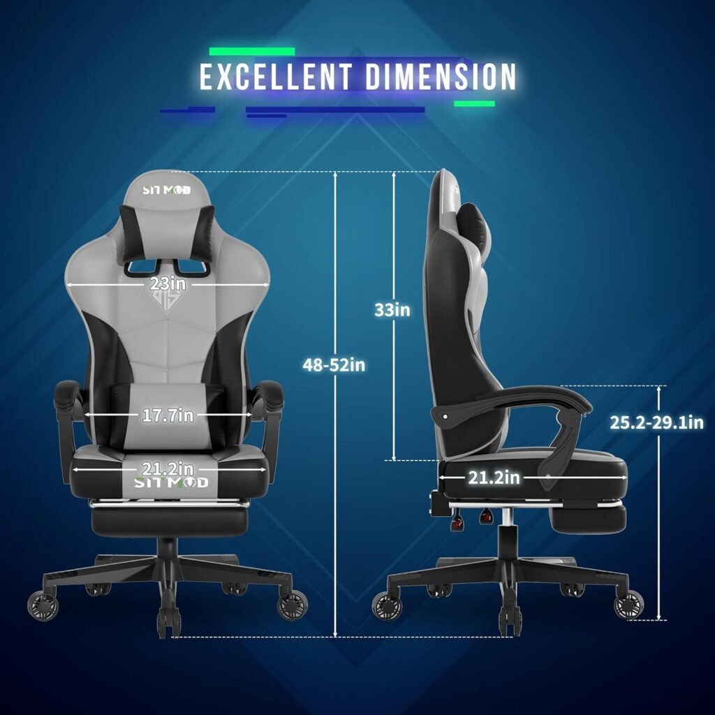 Gaming Chair Ergonomic Office Chair with Headrest and Lumbar Support PU Leather Big and Tall Office Chair Height Adjustable Swivel Office Chair with Footrest Video Game Chair for Adult (Gray)-SITMOD