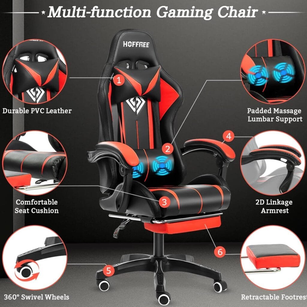 Gaming Chair Massage with LED RGB Lights and Footrest Ergonomic Computer Gaming Chair with High Back Video Game Chair with Adjustable Lumbar Support Red and Black