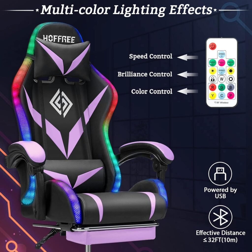 Gaming Chair with Bluetooth Speakers and RGB LED Lights Ergonomic Massage Computer Gaming Chair with Footrest Video Game Chair High Back with Lumbar Support Blue and Black