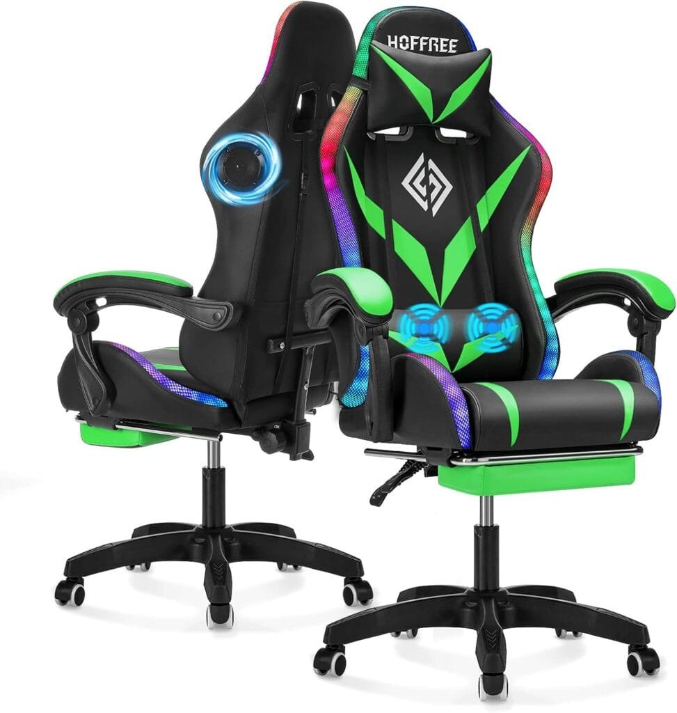 Gaming Chair with Bluetooth Speakers and RGB LED Lights Ergonomic Massage Computer Gaming Chair with Footrest Video Game Chair High Back with Lumbar Support Light Green and Black