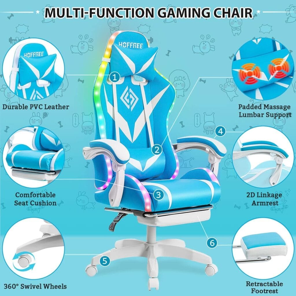 Gaming Chair with Bluetooth Speakers and RGB LED Lights Ergonomic Massage Computer Gaming Chair with Footrest Video Game Chair High Back with Lumbar Support Light Green and Black