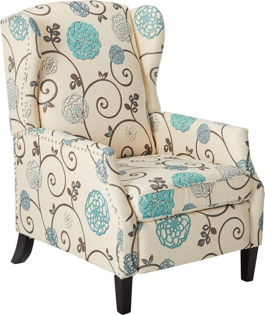 GDFStudio Westeros Traditional Wingback Fabric Recliner Chair (White  Blue Floral)