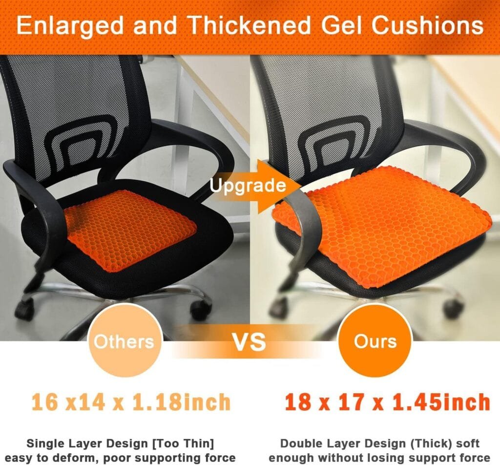 Gel Seat Cushion, Cooling seat Cushion Thick Big Breathable Honeycomb Design Absorbs Pressure Points Seat Cushion with Non-Slip Cover Gel Cushion for Office Chair Home Car seat Cushion for Wheelchair