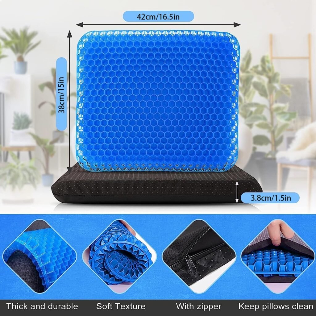 Gel Seat Cushion, Cooling seat Cushion Thick Big Breathable Honeycomb Design Absorbs Pressure Points Seat Cushion with Non-Slip Cover Gel Cushion for Office Chair Home Car seat Cushion for Wheelchair