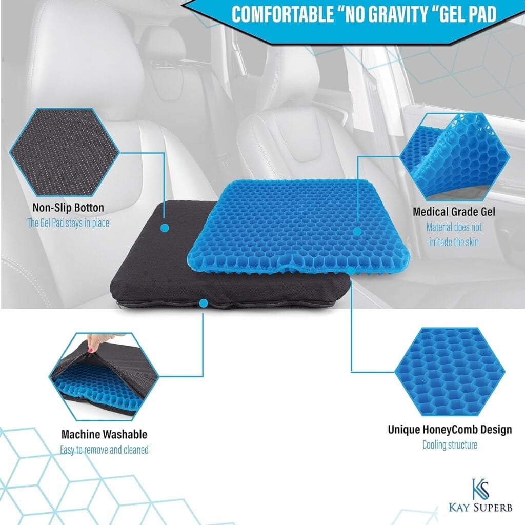 Gel Seat Cushion for Long Sitting Pad Cushion | Seat Pillow Cooling Seat Cushions for Office Chairs, Wheelchair, Car, Home | Breathable  Pressure Relief Pain Seat Pad Cushion with Non-Slip Cover