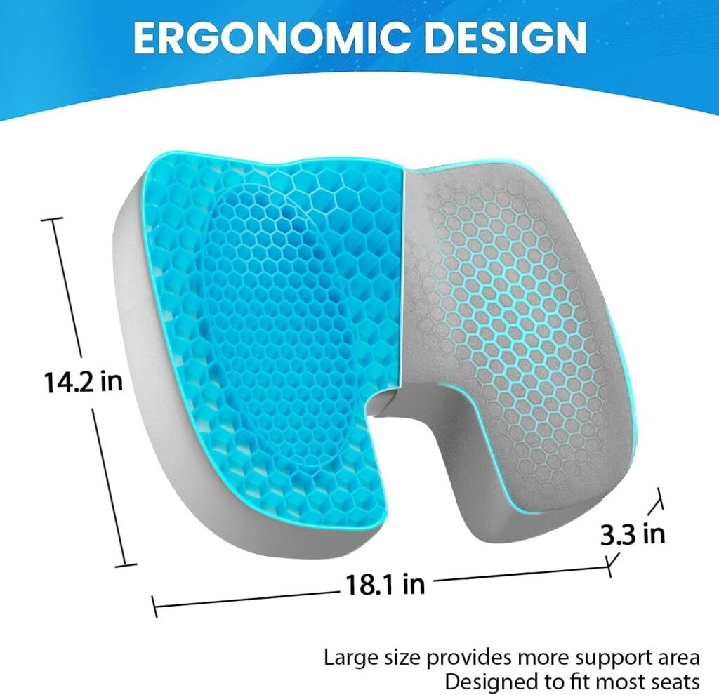 Gel Seat Cushion  Memory Foam Seat Cushion - Comfort Pillow with Pressure Support for Office Chair Car SeatWheelchair, Ergonomic Seat Cushion for Coccyx Butt Tailbone SciaticaBack Pain Relief, Grey