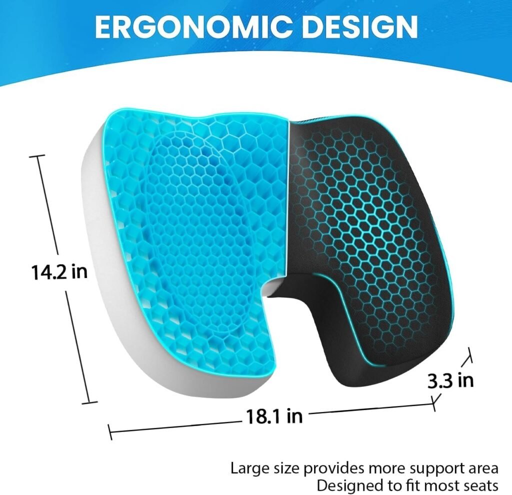 Gel Seat Cushion  Memory Foam Seat Cushion - Comfort Pillow with Pressure Support for Office Chair Car SeatWheelchair, Ergonomic Seat Cushion for Coccyx Butt Tailbone SciaticaBack Pain Relief, Grey