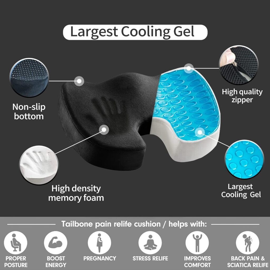 Gel Seat Cushion with Premium Memory Foam Orthopedic U Cooling Chair Cushions for Pain Relief - Ergonomic Coccyx Cushion Sciatica Butt Pillow for Wheelchair Mobility Office  Car Use : Office Products