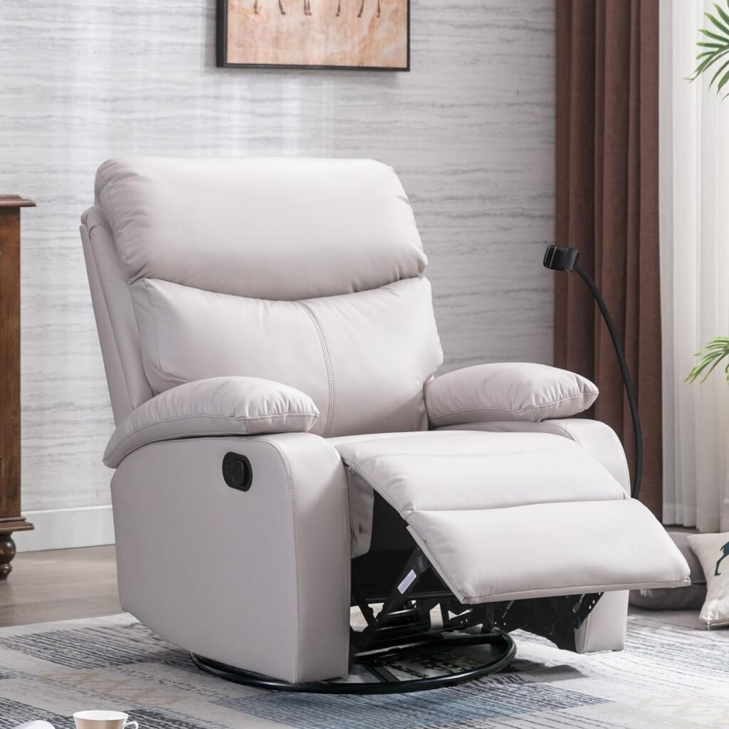 GNMLP2020 Rocker Swivel Recliner Chair, Rocking Recliner Chair Made of Microfiber Technical Leather,Manual Small Recliner Easy to Operate The Recline -Beige