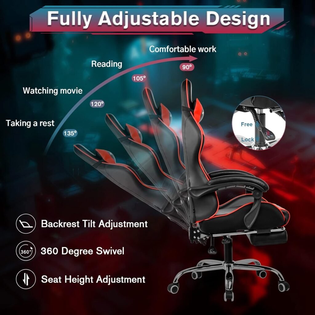 GTPLAYER Gaming Chair, Computer Chair with Footrest and Lumbar Support, Height Adjustable Game Chair with 360°-Swivel Seat and Headrest and for Office or Gaming (White)