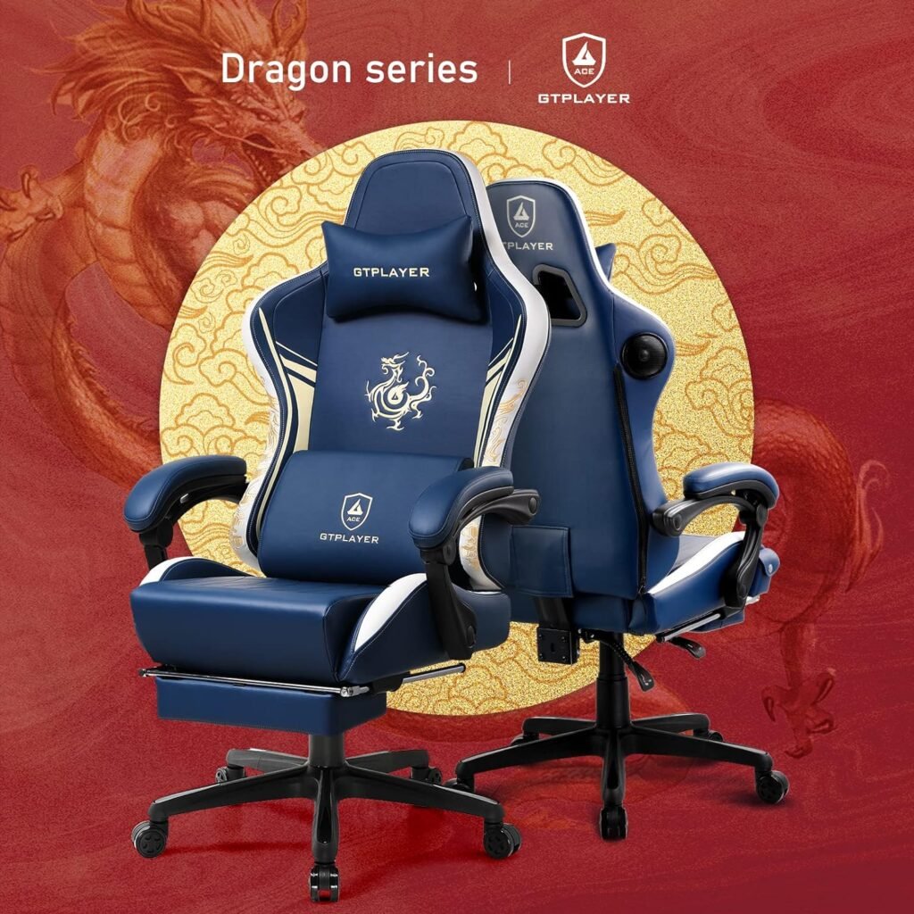 GTPLAYER Gaming Chair with Bluetooth Speakers and Footrest, Dragon Series Video Game Chair ，Heavy Duty Ergonomic Chair，Esports Gaming Chair，Computer Office Chair by GTRACING(Royal Blue)