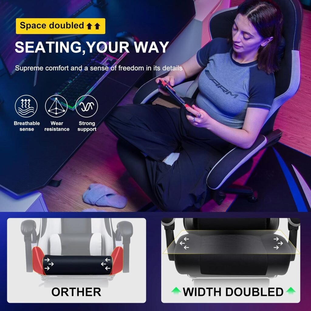 GTPLAYER Gaming Chair with Footrest Fabric Office Chair with Pocket Spring Cushion and Linkage Armrests, High Back Ergonomic Computer Chair with Lumbar Support Task Chair Black