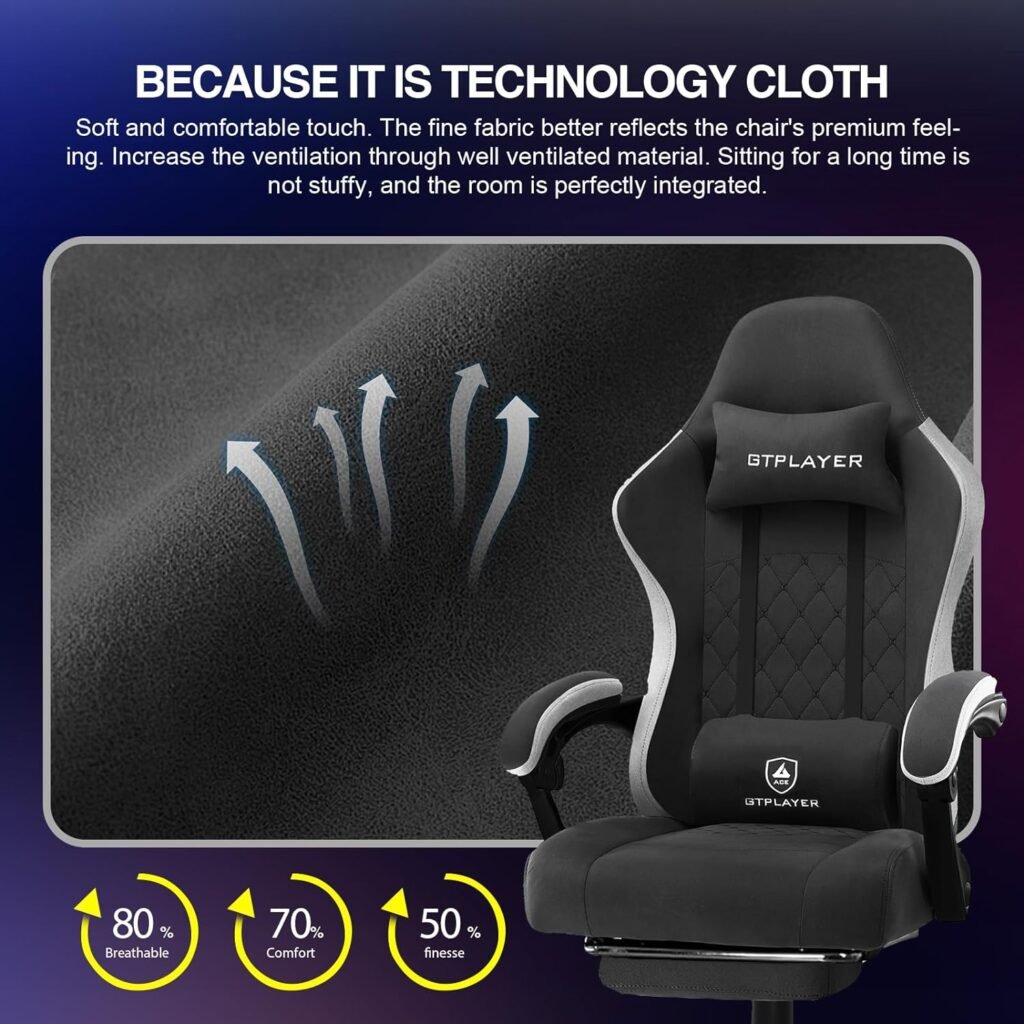 GTPLAYER Gaming Chair with Footrest Fabric Office Chair with Pocket Spring Cushion and Linkage Armrests, High Back Ergonomic Computer Chair with Lumbar Support Task Chair Black