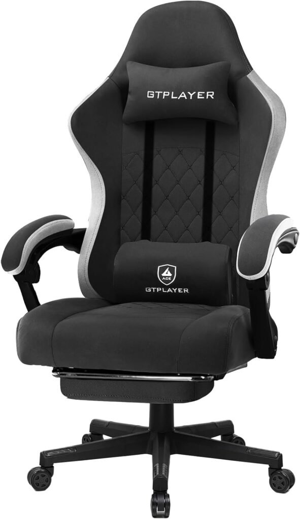 GTPLAYER Gaming Chair with Footrest Fabric Office Chair with Pocket Spring Cushion and Linkage Armrests, High Back Ergonomic Computer Chair with Lumbar Support Task Chair Black