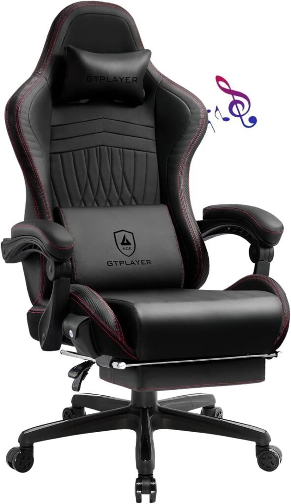 GTPLAYER Gaming Chair with Speakers, Computer Chair with Footrest, High Back Ergonomic Gaming Chair, Reclining Gaming Chair with Linkage Armrests for Adults by GTRacing (Ivory)