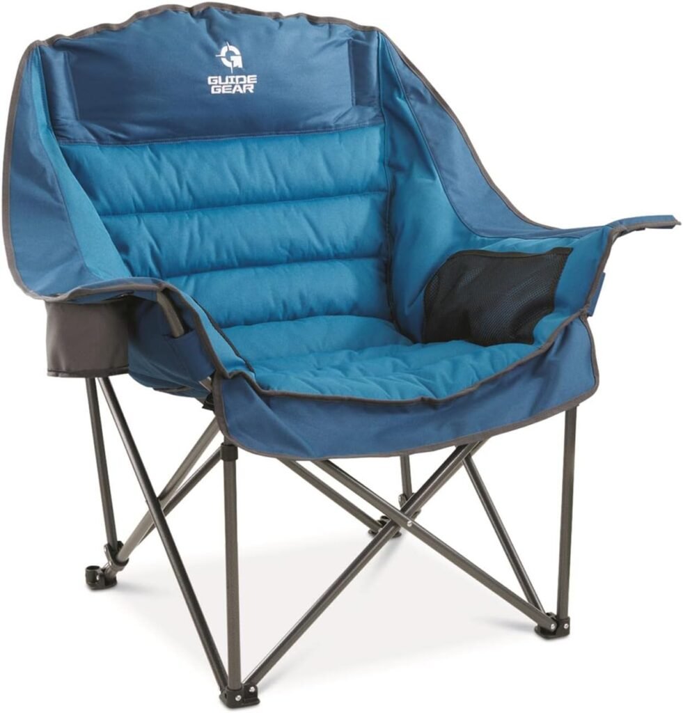 Guide Gear Oversized XL Padded Camping Chair, Portable, Folding, Large Camp Lounge Chairs for Outdoor, Adults, Men and Women, Heavy-Duty 400-lb. Capacity, with Cup Holder, Blue