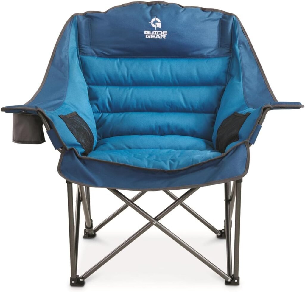 Guide Gear Oversized XL Padded Camping Chair, Portable, Folding, Large Camp Lounge Chairs for Outdoor, Adults, Men and Women, Heavy-Duty 400-lb. Capacity, with Cup Holder, Blue