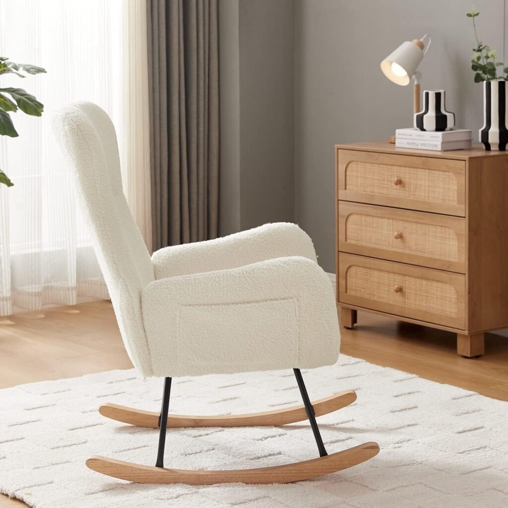 hansones Rocking Chair Nursery,Modern Accent Rocking Chair,Upholstered Nursery Glider Rocker for Baby,Rocking Chair Indoor for Living Room/Bedroom/Nursery(Cream White Teddy Fabric)