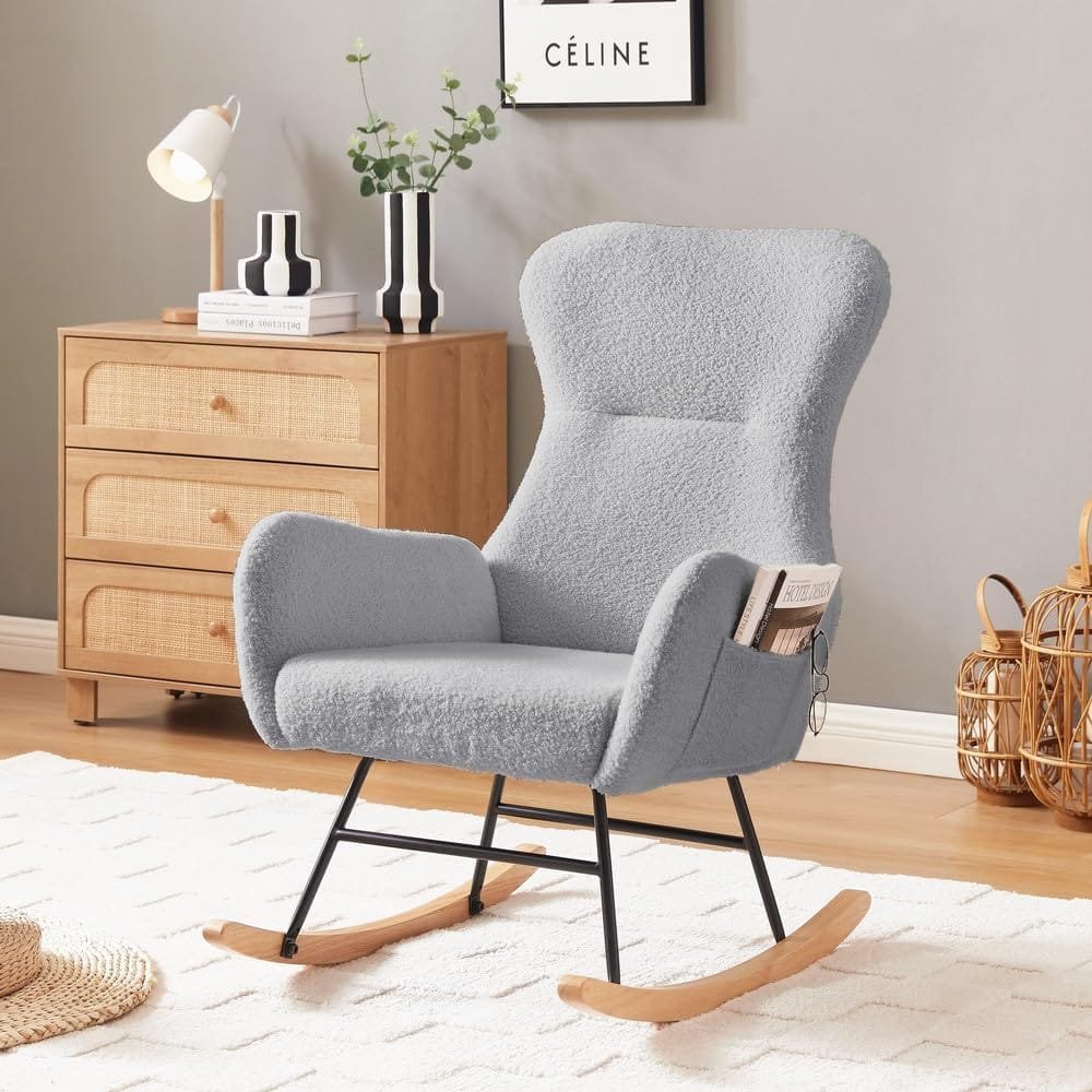 hansones Rocking Chair Nursery,Modern Accent Rocking Chair,Upholstered Nursery Glider Rocker for Baby,Rocking Chair Indoor for Living Room/Bedroom/Nursery (Grey Teddy Fabric)