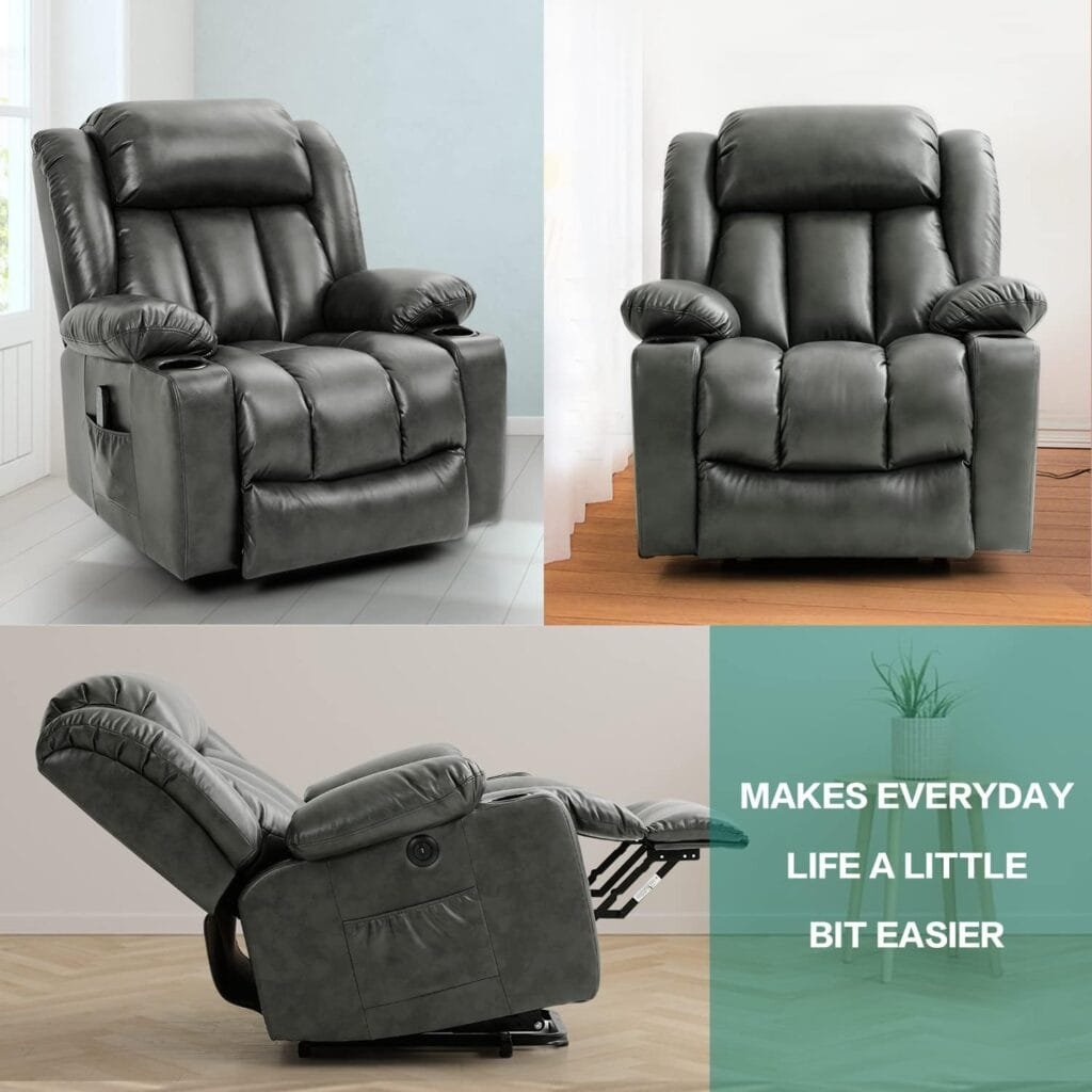 Harkawon Power Lift Recliner Chairs for Adults Faux Leather Chair, Recliner with 2 Cup Holders, Massage and Heating, USB Ports, 2 Side Pocket (Brown)