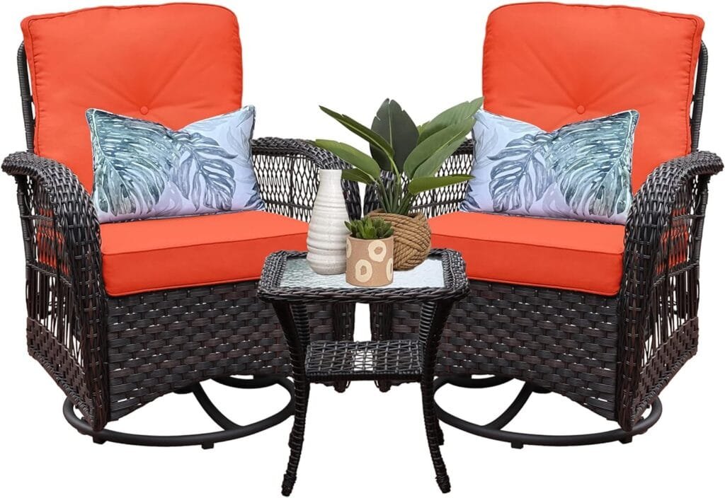 Harlie  Stone Outdoor Swivel Rocker Patio Chairs Set of 2 and Matching Side Table - 3 Piece Wicker Patio Bistro Set with Premium Fabric Cushions Outdoor Furniture (Dark Brown Wicker Orange Cushion)