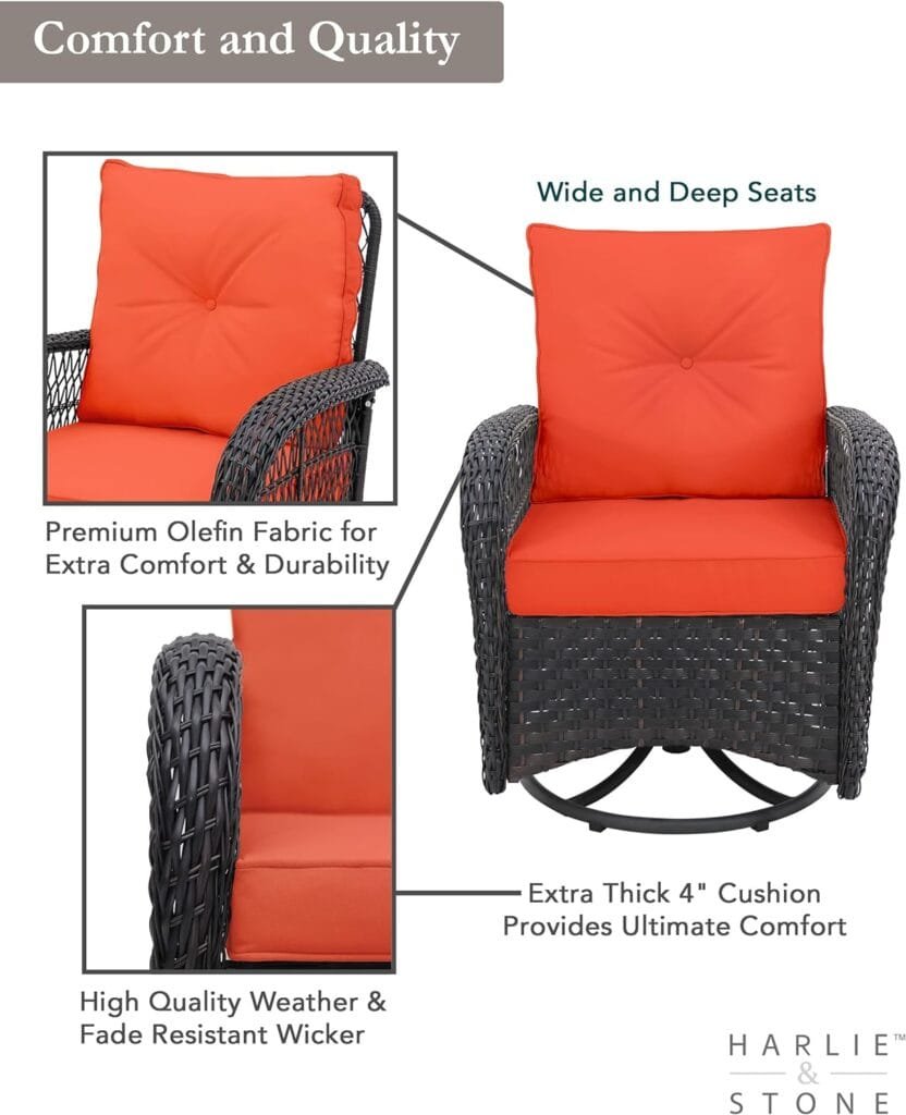 Harlie  Stone Outdoor Swivel Rocker Patio Chairs Set of 2 and Matching Side Table - 3 Piece Wicker Patio Bistro Set with Premium Fabric Cushions Outdoor Furniture (Dark Brown Wicker Orange Cushion)