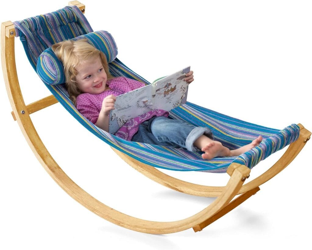 Hearthsong Lightweight Rocking Floor Hammock, 50”L x 14”W Blue-Striped Cotton Indoor Hammock, 95 lbs. Ages 3 to 9