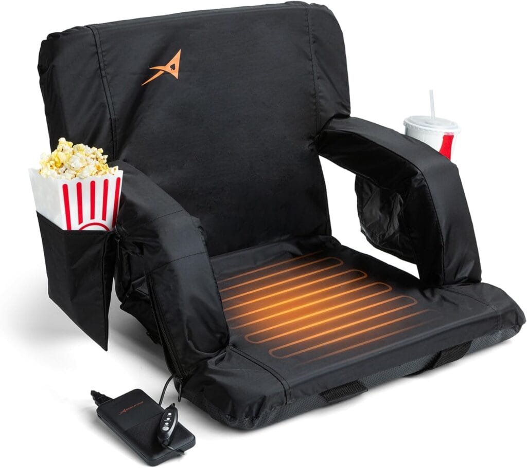 Heated Stadium Seats for Bleachers with Back Support – USB Battery Included - Upgraded 3 Levels of Heat - Foldable Chair - Cushioned, 4 Pockets for Snacks, Cup Holder - for Camping, Games  Sports