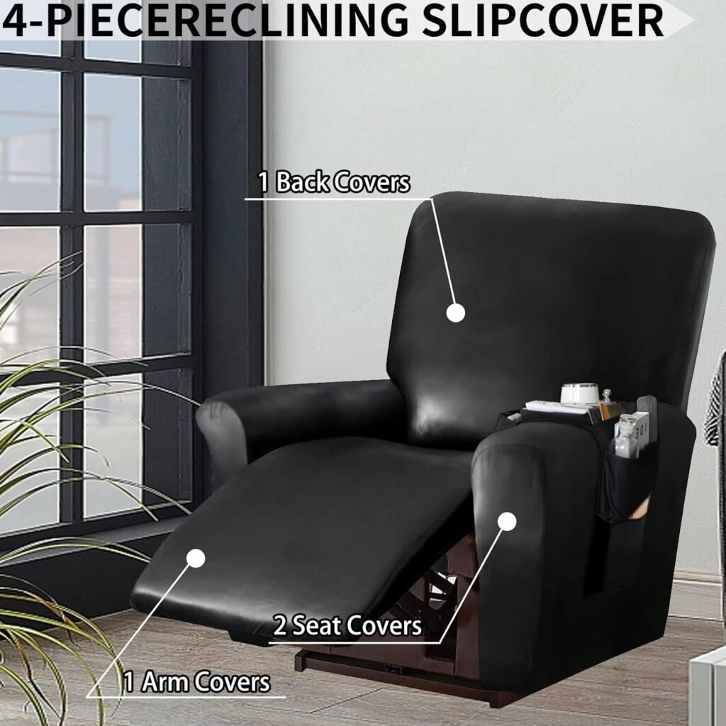 HewTLES PU Leather Recliner Cover, Elastic Waterproof Sofa Cover, 4-Piece Recliner Cover with Pockets, Easy to Clean Recliner Covers for Large Recliner，Added armrest Storage Pockets (Black)