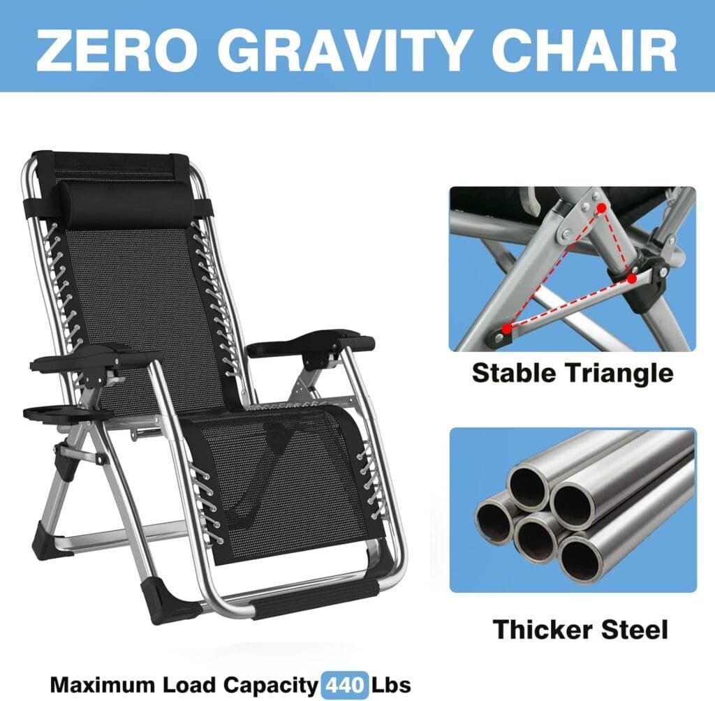 HEY FOLY Zero Gravity Chairs,Recliner Chair for Indoor Outdoor,XL Padded Patio Lounge Chair with Headrest, Lawn Chair, Cup Holder,Support 440lb,Black