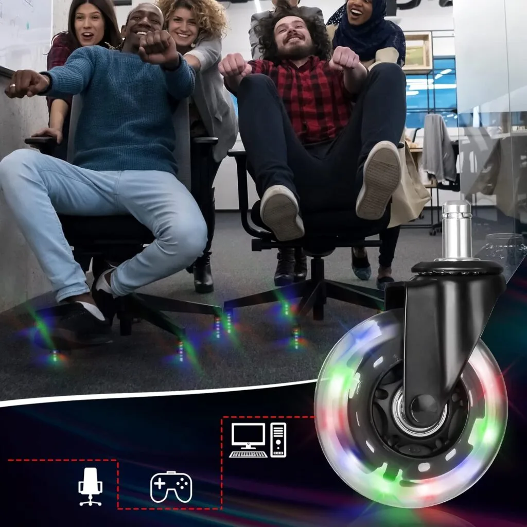 Hivexagon Office Chair Caster with RGB Color Changing Lights Set of 5 Rubber Replacement, Heavy Duty Universal Quiet Rolling Casters Fit Standard Office Chair for Hardwood Floors, Tiles and Carpet Hivexagon Office Chair Caster with RGB Color Changing Lights Set of 5 Rubber Replacement, Heavy Duty Universal Quiet Rolling Casters Fit Standard Office Chair for Hardwood Floors, Tiles and Carpet