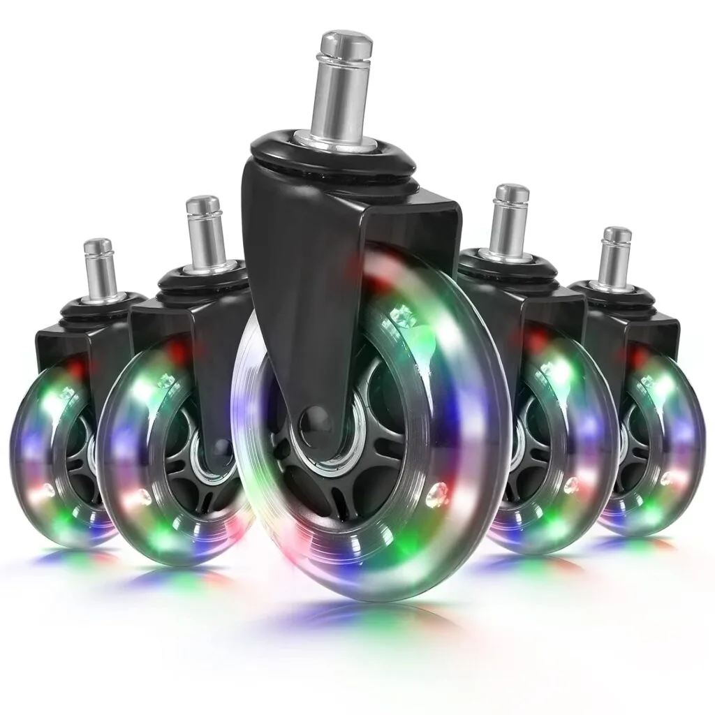 Hivexagon Office Chair Caster with RGB Color Changing Lights Set of 5 Rubber Replacement, Heavy Duty Universal Quiet Rolling Casters Fit Standard Office Chair for Hardwood Floors, Tiles and Carpet Hivexagon Office Chair Caster with RGB Color Changing Lights Set of 5 Rubber Replacement, Heavy Duty Universal Quiet Rolling Casters Fit Standard Office Chair for Hardwood Floors, Tiles and Carpet