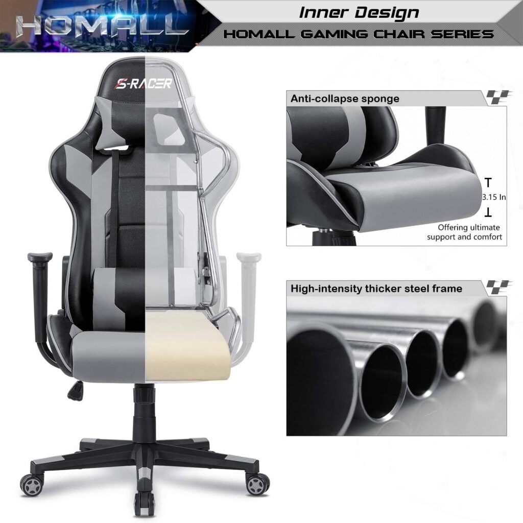 Homall Gaming Chair, Office Chair High Back Computer Chair Leather Desk Chair Racing Executive Ergonomic Adjustable Swivel Task Chair with Headrest and Lumbar Support (White)