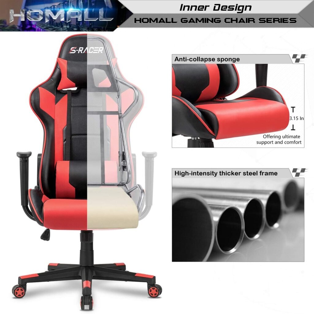 Homall Gaming Chair, Office Chair High Back Computer Chair Leather Desk Chair Racing Executive Ergonomic Adjustable Swivel Task Chair with Headrest and Lumbar Support (White)