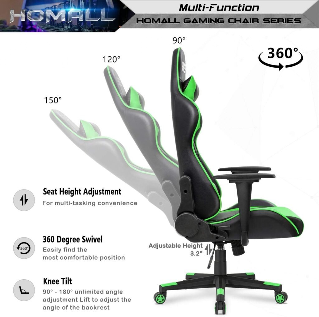 Homall Gaming Chair, Office Chair High Back Computer Chair Leather Desk Chair Racing Executive Ergonomic Adjustable Swivel Task Chair with Headrest and Lumbar Support (White)