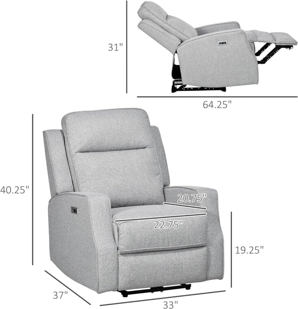 HOMCOM Electric Power Recliner, Wall Hugger Armchair with USB Charging Station, Sofa Recliner with Linen Upholstered Seat and Retractable Footrest, Gray