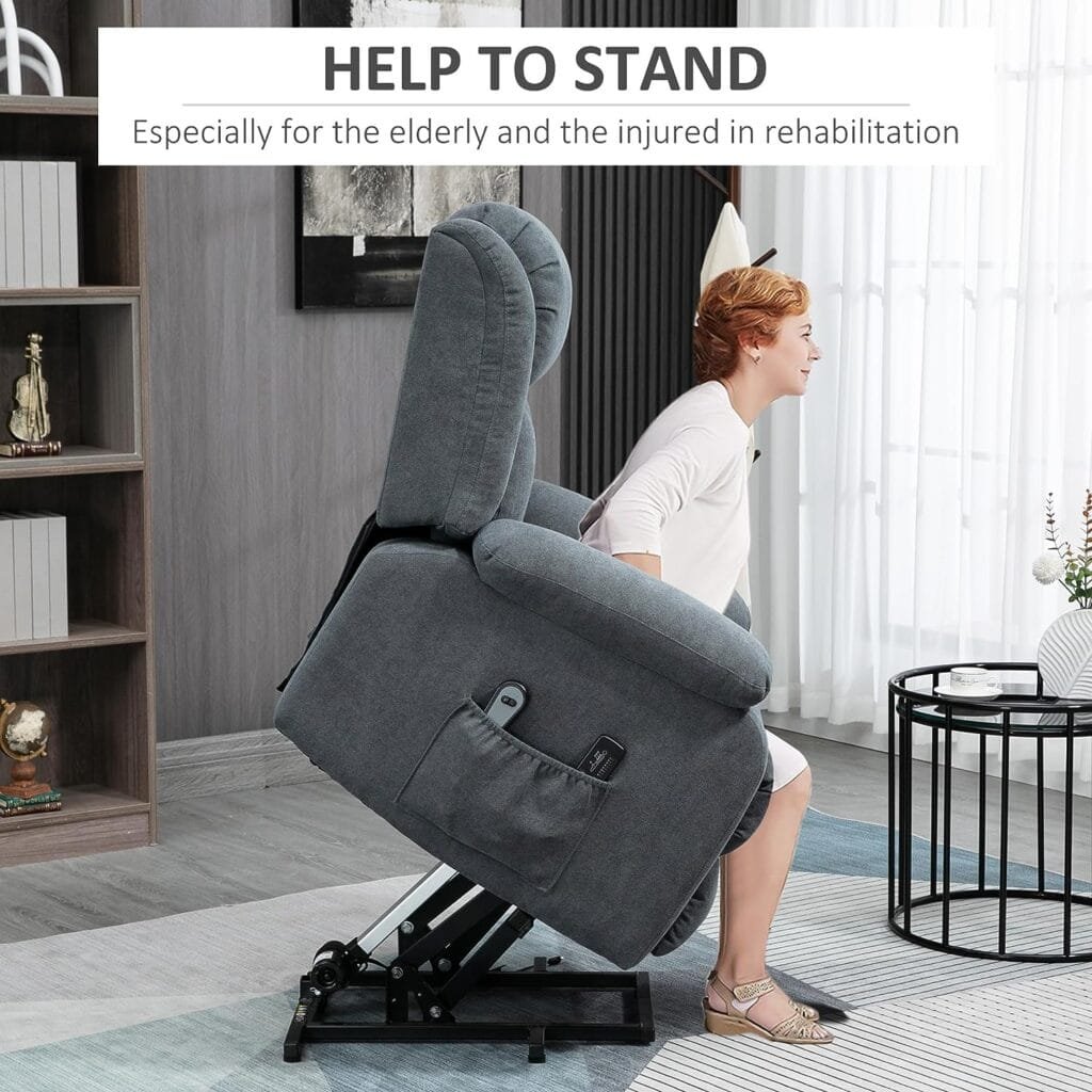 HOMCOM Power Lift Chair for Elderly Big and Tall with Massage, Linen Fabric Upholstered Recliner Sofa Chair with Remote Control, Side Pockets, Grey