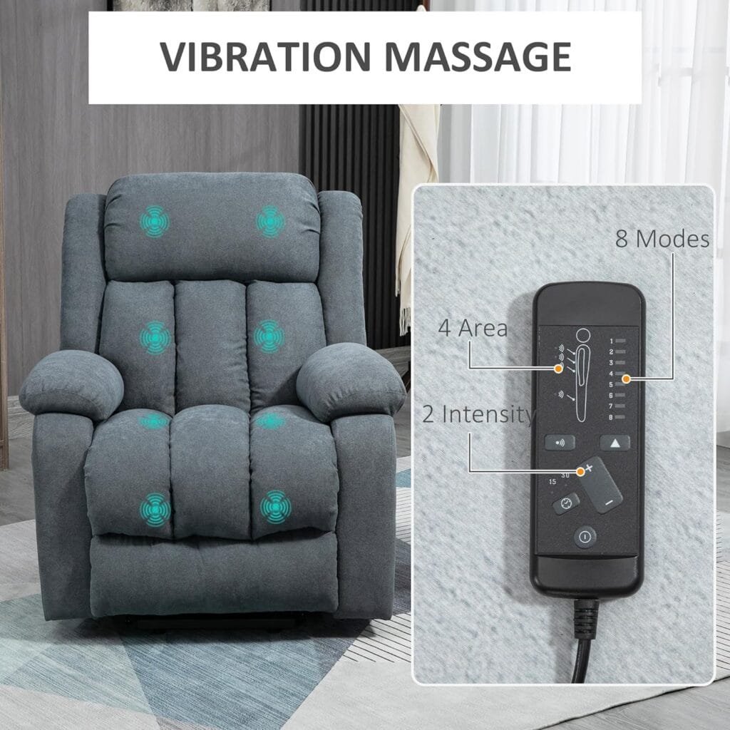 HOMCOM Power Lift Chair for Elderly Big and Tall with Massage, Linen Fabric Upholstered Recliner Sofa Chair with Remote Control, Side Pockets, Grey