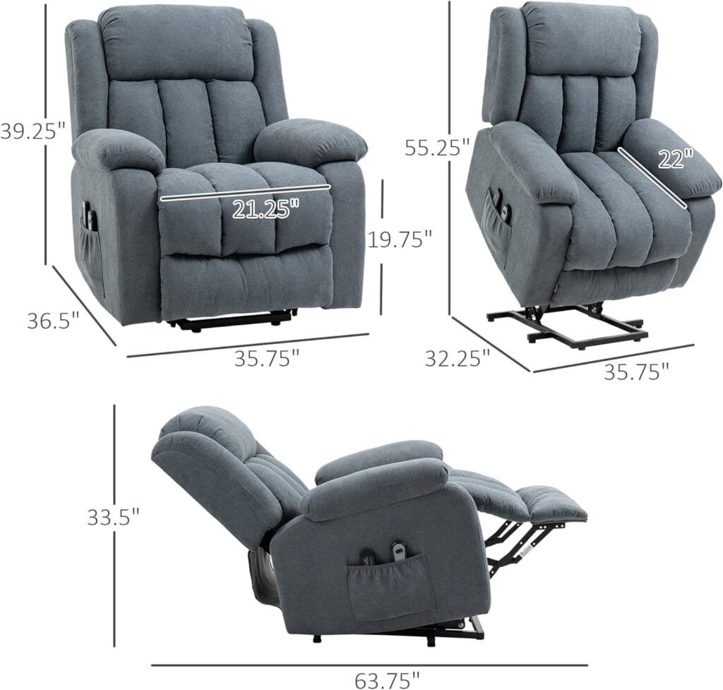 HOMCOM Power Lift Chair for Elderly Big and Tall with Massage, Linen Fabric Upholstered Recliner Sofa Chair with Remote Control, Side Pockets, Grey