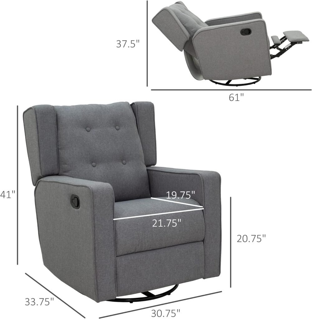 HOMCOM Wingback Recliner Chair Manual Rocking Sofa 360° Swivel Glider with Button Tufted, Padded Seat, Single Home Theater Seating for Living Room Bedroom, Grey