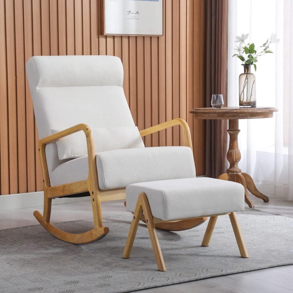 HOMREST Rocking Chair, Mid-Century Modern Upholstered Fabric Rocking Armchair with Ottoman  Thick Padded Cushion for Living Baby Room, Bedroom（White）