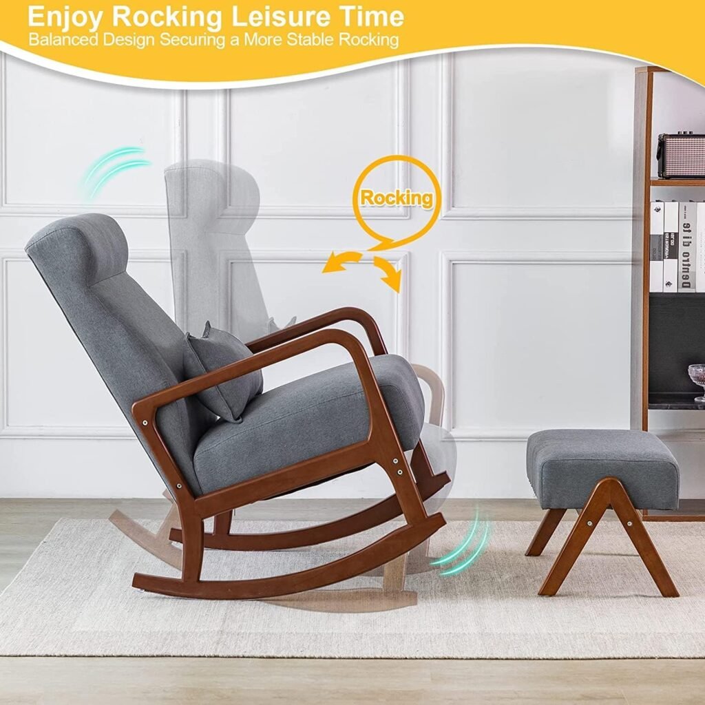 HOMREST Rocking Chair, Mid-Century Modern Upholstered Fabric Rocking Armchair with Ottoman  Thick Padded Cushion for Living Baby Room, Bedroom（White）