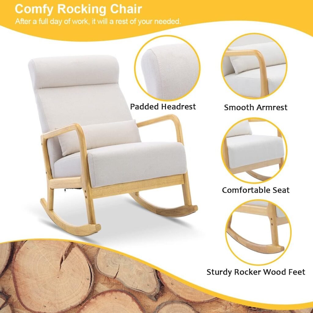 HOMREST Rocking Chair, Mid-Century Modern Upholstered Fabric Rocking Armchair with Ottoman  Thick Padded Cushion for Living Baby Room, Bedroom（White）