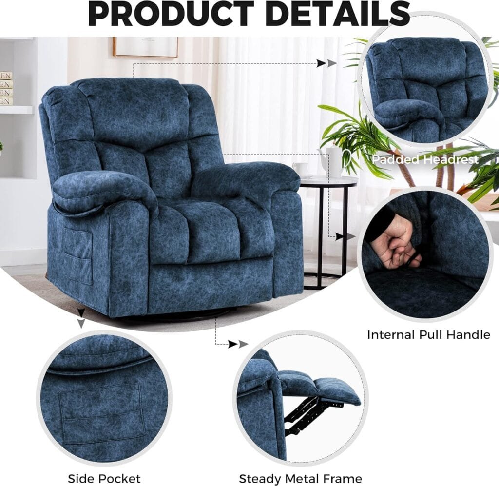 HOMYEDAMIC Recliner Chair Massage Rocker Swivel Heated with Hideable Cup Holders, Oversized Lounge Wide Lazy Boy Ergonomic Single Sofa Seat for Living Room Bedroom (9020-Blue)