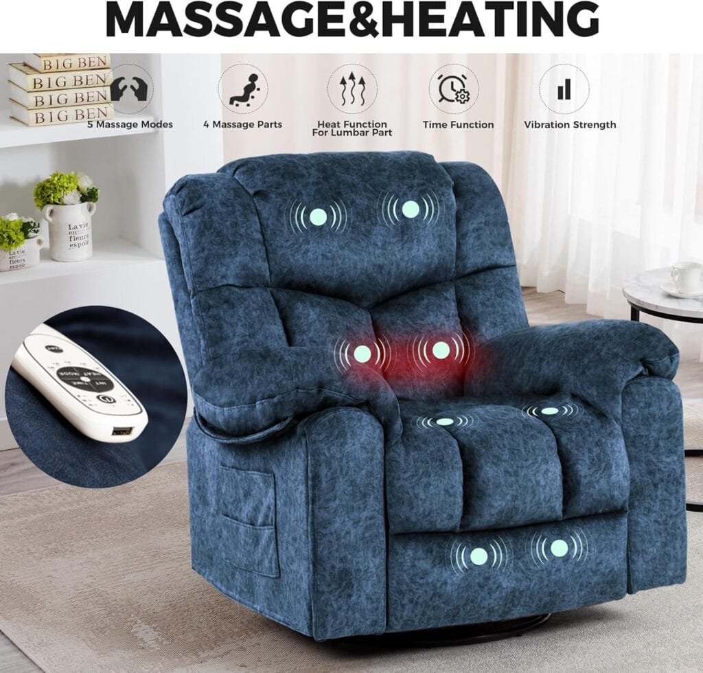 HOMYEDAMIC Recliner Chair Massage Rocker Swivel Heated with Hideable Cup Holders, Oversized Lounge Wide Lazy Boy Ergonomic Single Sofa Seat for Living Room Bedroom (9020-Blue)