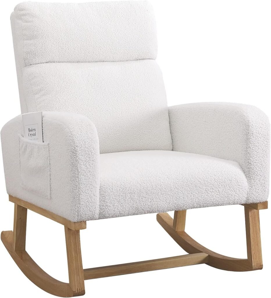 HOMYKA Nursery Rocking Chairs,Teddy Glider Rocker for Mom and Baby with High Backrest,Side Pocket and Extended Wood Legs for Bedroom Living Room, White