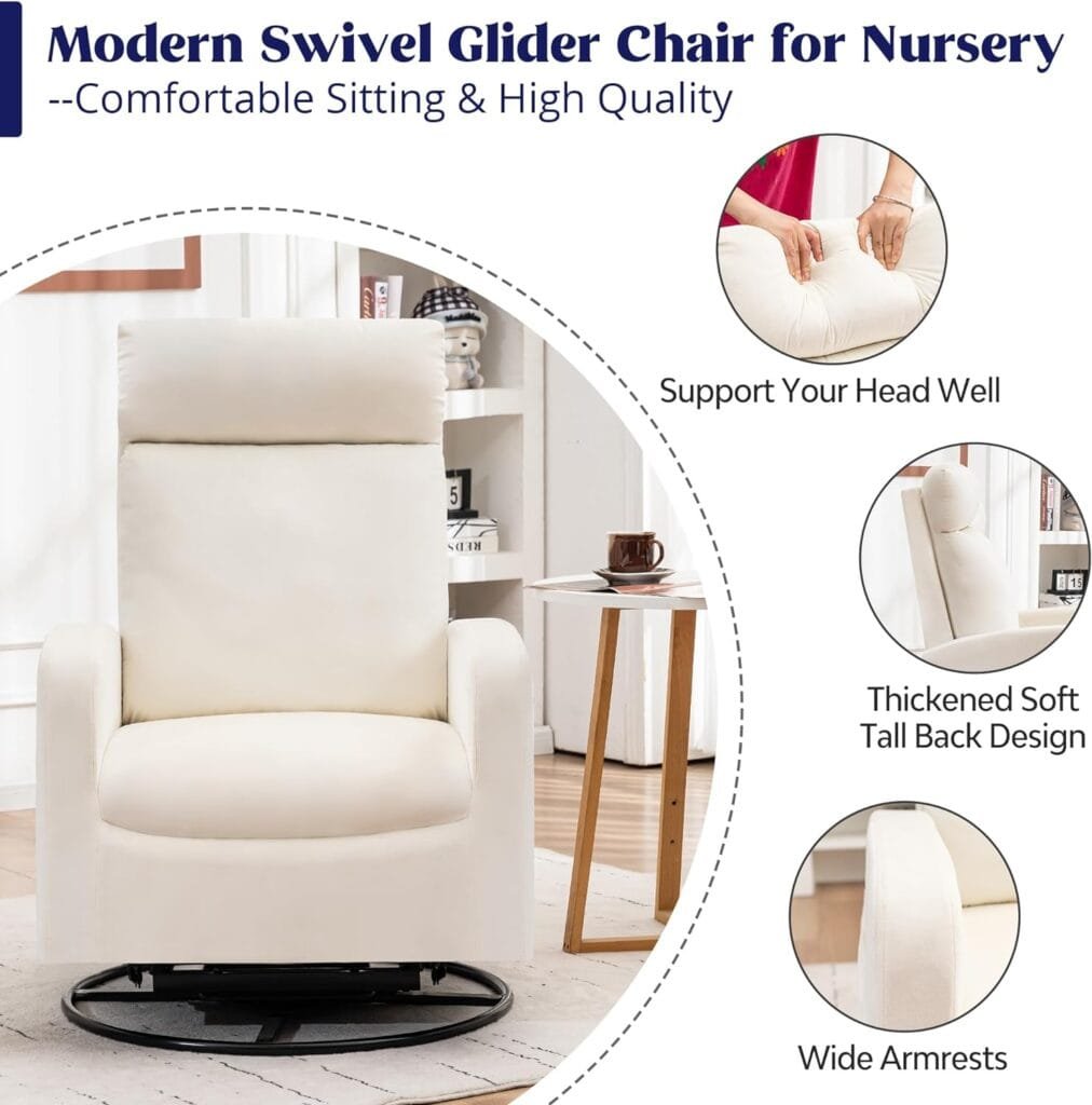 HOMYKA Swivel Rocking Chair for Nursery,Velvet Glider Rocker Chair for Mom and Baby with Side Pocket and High Back for Living Room Bedroom, Beige